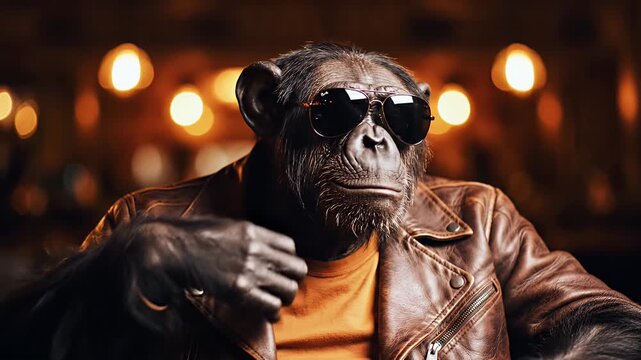 Chimpanzee wearing stylish sunglasses and leather jacket.