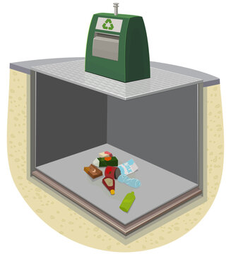 Cross section diagram of an underground sorting bin for recyclable packaging, plastic bottles, and cartons supporting modern smart city green initiatives (cut out)