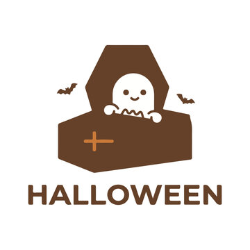 Ghost In Coffin Halloween Vector Design With Little Bats. 