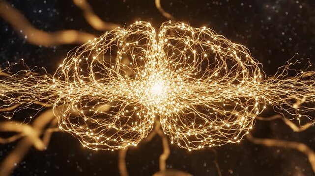 Abstract golden neural network expanding into a brain shape with glowing connections in space