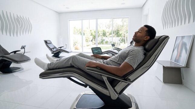 African american man relaxing in automated zero gravity massage chair in modern wellness center. Recovery session in spa clinic. Medical technology for physical therapy and body health.