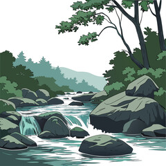 Hand-drawn landscape featuring a clear mountain river flowing through a rocky forest terrain with tall trees and lush green vegetation © RUJINA