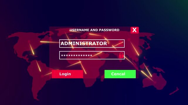 Cyber security login interface with global network connection and system error alert authentication administrator