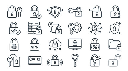 Fototapeta premium Cyber Security Icons: Padlocks, Keys, Shield, VPN, Fingerprint, Cloud, Computer