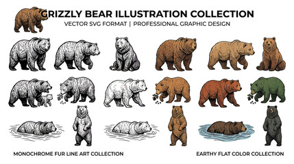 Grizzly Bear Illustration Collection: Vector Art, Drawings, and Color Graphics © Ardhyapananisedu