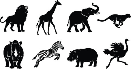 African Safari Animals Silhouette Icon Set Including Lion Elephant Giraffe Zebra Rhino and Cheetah © MdMonowar