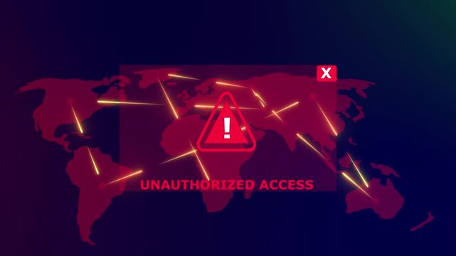 Cyber security alert: unauthorized access warning on digital map with glowing data breach network cybersecurity