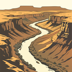 Stylized of a winding river flowing through a vast desert canyon with steep sandstone cliffs and sparse desert vegetation below © RUJINA