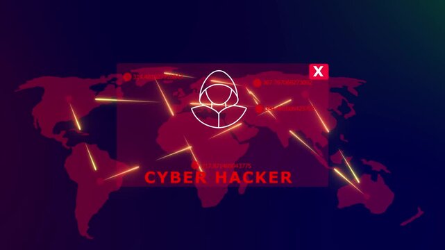 Cyber hacker global network attack animation with digital map and data breach warning interface cyber security