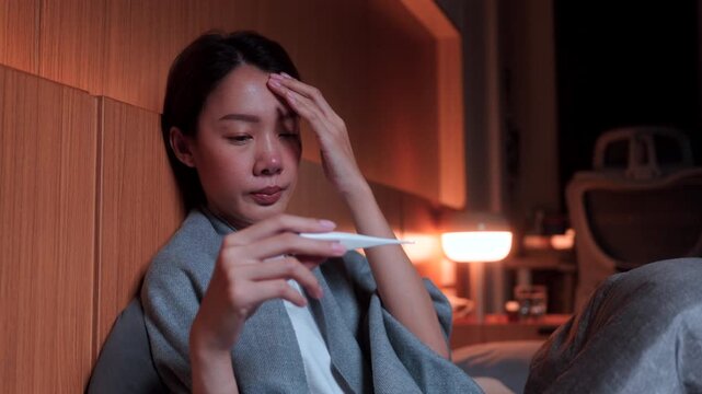 Exhausted woman with a headache reading a thermometer in a dark bedroom with medicine nearby. Concept of feverish symptoms, influenza, and medical self-care at home.