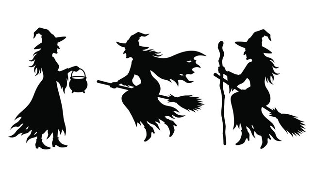 Set of three witch silhouettes, including a witch with a cauldron, a flying witch on a broomstick, and a witch holding a staff