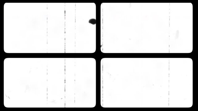 Four rounded white vintage film matte frames with scratches and dust on a transparent background for a retro split screen cinematic video overlay effect