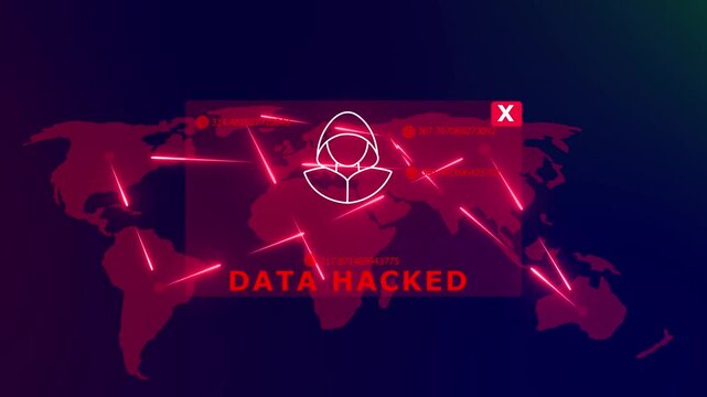 Global cyber attack alert: data hacked warning with hacker and digital map network cyber security data breach
