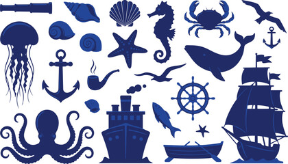 Obraz premium Collection of marine life and nautical icons featuring ships, sea creatures, and sailing equipment elements