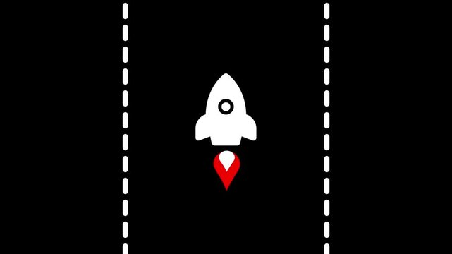 Rocket icon launches between two vertical dashed lines animation isolated on black background