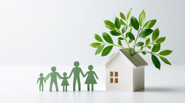 A symbolic representation of a sustainable future, with a paper cutout family standing beside a miniature house from which a vibrant green plant grows.