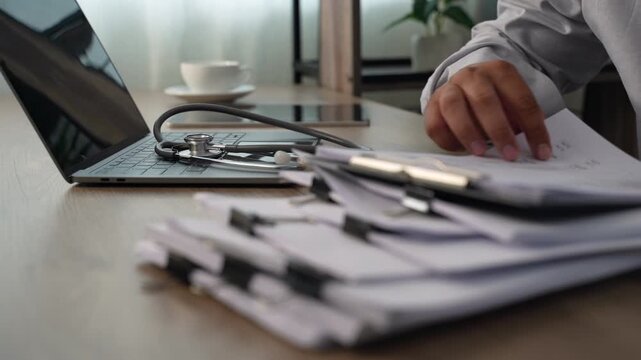 medical paperwork beside a laptop and stethoscope on a wooden desk, documenting information on stacked forms for an organized healthcare records workflow.