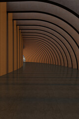 Fototapeta premium A modern architectural corridor featuring curved concrete beams sweeping from the left toward the right wall, converging at a central focal point. Textured terracotta surfaces and bold linear detailin