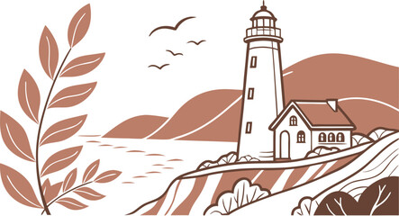 A lighthouse stands on a cliff with birds and leaves © Niri