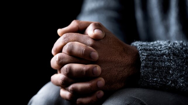 A man's hands clasped together in prayer or deep thought, with a dark, dramatic background. The gesture conveys contemplation and introspection