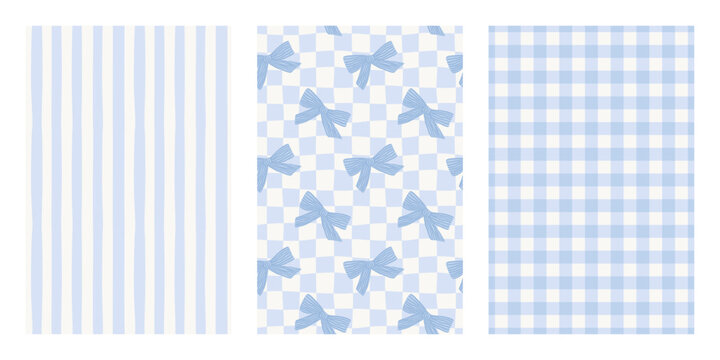 Pastel blue seamless pattern set. Coquette bows on wavy checkered background. Gingham or plaid repeat print for wrapping paper, textile and fabric. Hand drawn striped pattern. Vector illustration