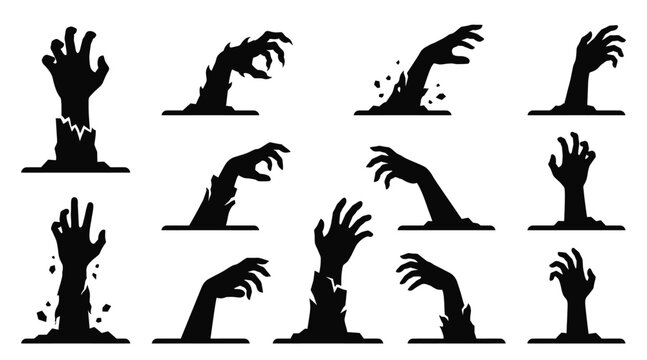 Set of zombie hands rising from the ground, creepy monster arms reaching out from the earth, vector illustration