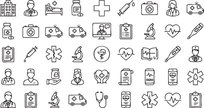 Collection of hand drawn medical vector icons featuring healthcare symbols and professional hospital staff illustrations in a simple black style