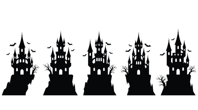 Set of spooky halloween castle silhouettes with bats and dead trees