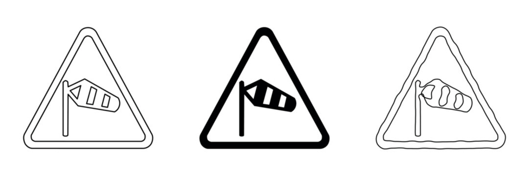 Set of three triangular warning signs indicating windsock for aviation and road safety