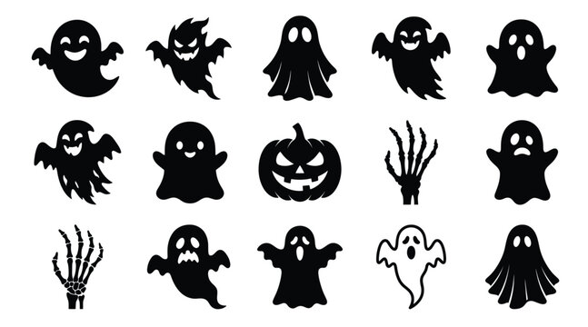 Set of halloween ghosts and skeleton hands silhouettes
