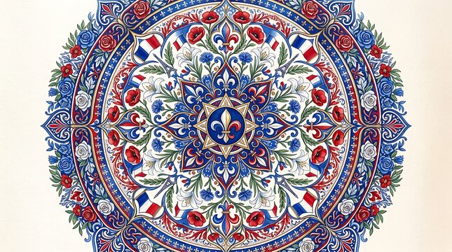 Intricate circular mandala pattern featuring French symbols including fleur de lis, poppies, and national flags
