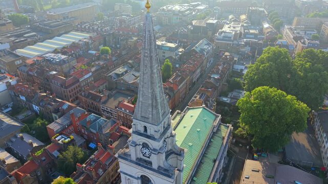 Aerial Video of Christ Church Spitalfields Spire and Hazy London Horizon in the morning. 