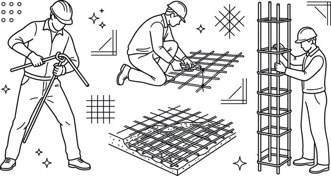 Construction Worker Line Icon Set Featuring Steel Fixers Bending Rebar Reinforcing Concrete Foundations and Building Pillars for Industrial Architecture Vector Layouts