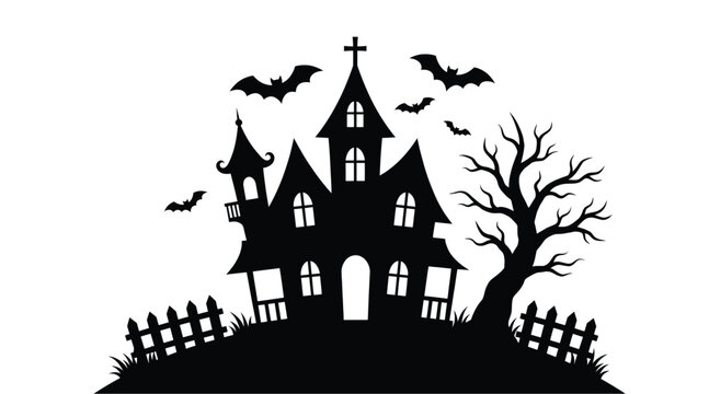 Haunted house silhouette with bats and dead tree