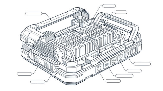 Technical diagram of a rugged portable power station with ports