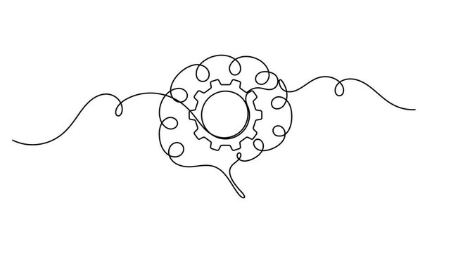 Human brain and cogwheel gear motion graphics continuous one line drawing on white background automation service for industrial and neurological organ animation video