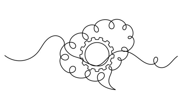 Human brain and cogwheel gear motion graphics continuous one line drawing on white background automation service for industrial and neurological organ animation video