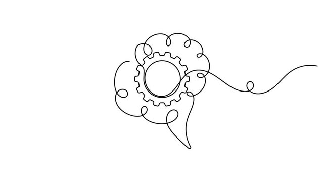 Human brain and cogwheel gear motion graphics continuous one line drawing on white background automation service for industrial and neurological organ animation video