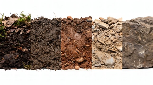 Variety of soil and rock samples showing different earth layers isolated on white background