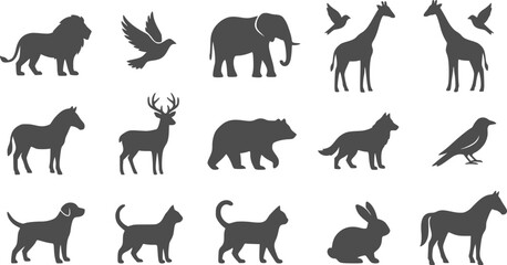 Obraz premium Wild and Domestic Animals Vector Silhouettes Pack, Wildlife Nature Icons Isolated on White Background