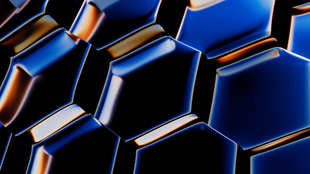 Abstract 3D rendering of glossy dark blue hexagonal shapes