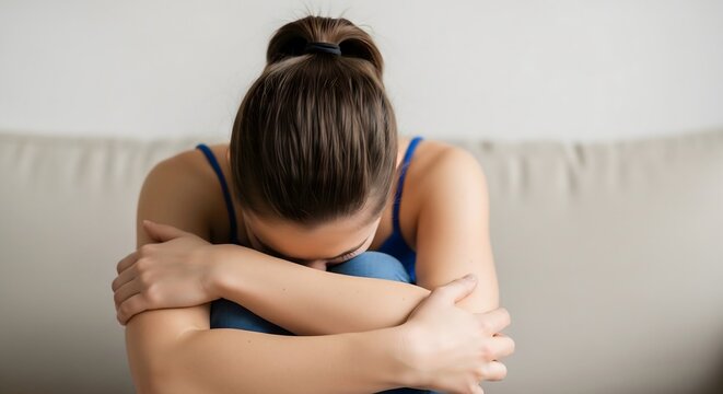 Young woman suffering from anxiety and depression sitting alone on sofa