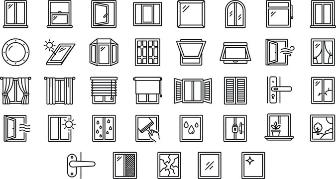 Collection of window and door line icons on a white background representing architectural elements architecture
