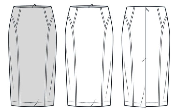 Women Pencil Midi Skirt Fashion Flat Technical Drawing Template, Silver Grey, Front and Back View with Outline, Skirt CAD Mockup