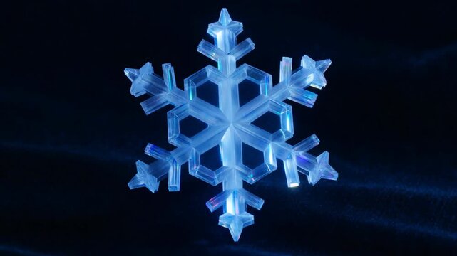 Clear plastic snowflake ornament with intricate design illuminated against a dark background, showcasing its reflective surfaces and geometric patterns in a continuous visual flow