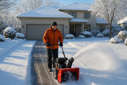 A realistic horizontal winter scene showing a man in an orange jacket clearing snow from a suburban sidewalk with a red snowblower on a bright, sunny day.