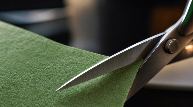 Sharp scissors metallic blade green fabric cutting close up texture craft tool tailor Metal scissor cutting green textured fabric with sharp blade close up view, craft detail for sewing, tailoring