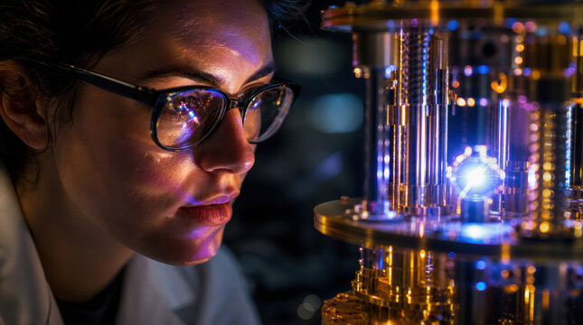 Scientist portrait glowing light laboratory woman glasses technology close up with fascinated gaze near illuminated experimental apparatus in dark research lab