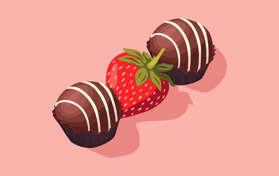 Fresh strawberries between two chocolate cupcakes, decorated with white chocolate stripes icing, dessert
