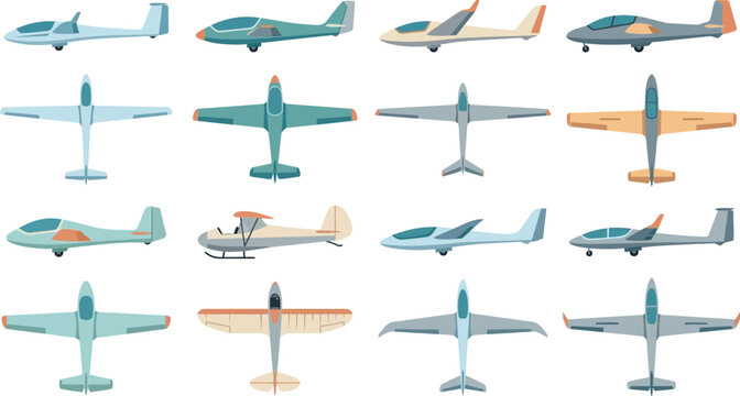 Collection of flat vector light aircraft and glider icons in various angles for aviation and flight design